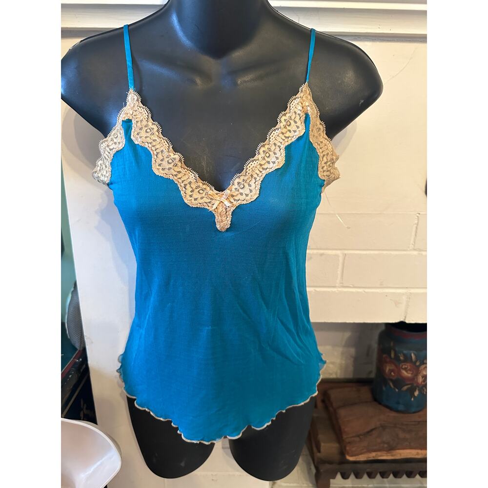 NWT VINTAGE MARY GREEN PEACOCK BLUE TEAL SILK MESH & LACE CAMI CAMISOLE S